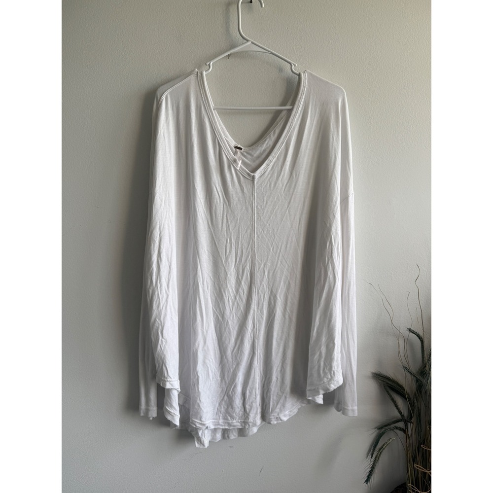 Free People We The Free Womens White Oversized V-Neck Long Sleeve Tee‎ L 3877